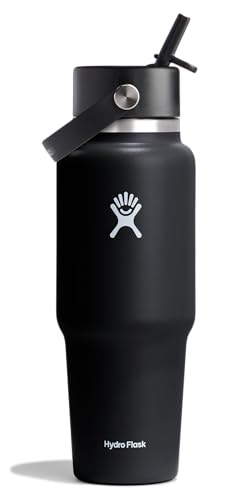 Hydro Flask Travel Water Bottle - Insulated Stainless Steel - Wide Straw Lid, Non Spill, Leakproof in 32 Oz Black