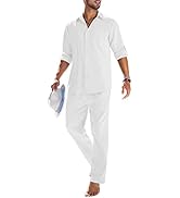 COOFANDY Men's 2 Piece Linen Sets Casual Long Sleeve Button Down Cuban Shirt and Loose Pants Set ...