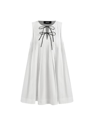 CIDER Babydoll Mini Dress Casual Tie Front Bow Pleated Short Sleeve Low Waist Crew Neck Dresses