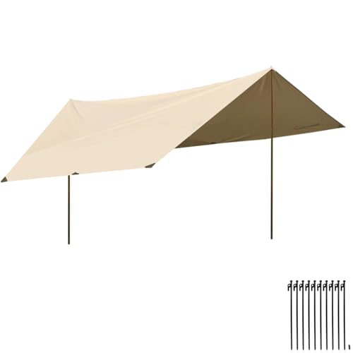DANCHEL OUTDOOR DANCHEL OUTDOOR Canvas Tent Tarp Sun Shelter Awning, Portable Waterproof Camping Tarp with Heightened 7.87ft Poles Sun Shade Glamping Accessories Gear, Khaki