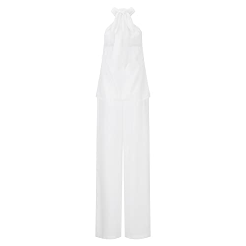 Mfjeseaa Striped Trouser Suit For Women Women 2 Piece Outfits Boho Casual Solid Hanging Neck Sleeveless Top Loose Wide Formal Jumpsuits For Women Elegant Woman Jumper Suit White #TOP3