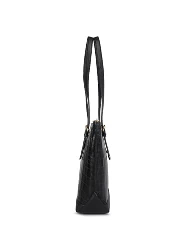Image of Da Milano Women's Leather Tote Bag - Black | Genuine Leather Large Handbag with Zipper Closure & Multi-Pockets | Dual Texture Utility Tote Bag