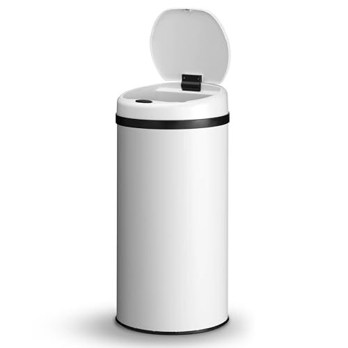 Juskys Cubo de basura automático con sensor de 40 l – Cubo de basura eléctrico, sensor de movimiento, tapa automática, impermeable, anillo de sujeción, cocina – blanco
