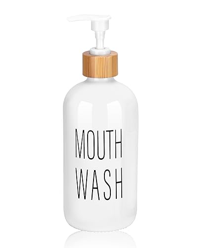 Pump Mouthwash Dispenser, Glass Mouthwash Container for Bathroom Countertop, Mouth Wash Bottle Decanter, White, Printed Font