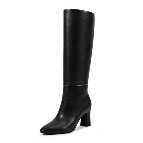 wetkiss Knee High Boots for Women Chunky Heel Round Toe Long Boots with Side Zipper and Elastic Band Design Almond Toe Dress Tall Boots Fashion Party Wedding Daily