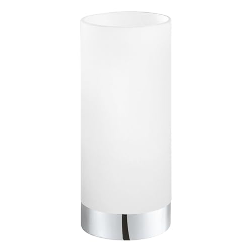 Eglo Lampe de table Damasco 1, lampe de chevet en acier aspect chromé et verre blanc satiné, douille E27, interrupteur inclus