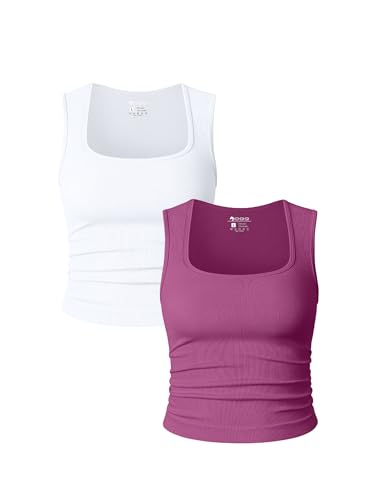 Image of OQQ Womens 2 Piece Crop Tops Rueched Sleeveless Square Neck Stretch Basic Tank Shirts