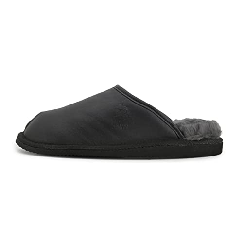 Hollert Herren Lammfell Hausschuhe LUITPOLD Pantoffeln echt Merino Schaffell Echtleder warm und bequem Größe 43 EU, Farbe Schwarz