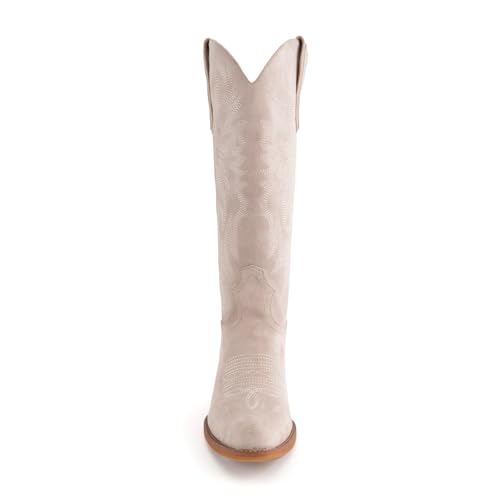 Image of KaroNairy Women Cowboy Boots Faux Suede Embroidered Pointed Thick Heeled Western Wide Calf Cowgirl Ponited Toe Mid Calf Boots