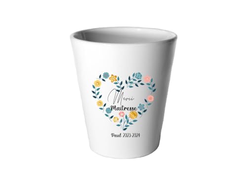 Petit Cache-Pot Merci Maîtresse – Couronne de Fleurs Cœur – Personnalisé avec Prénom Enfant – Céramique 90 mm – Cadeau Fin d’Année