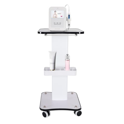 MEHOOSPVN Beauty Salon Trolley Stand with 4 Wheels, White SPA Beauty Machine Holder 2 Tier Mobile Cart Rack Storage Tray for Salons, Spas, Barber Shops, 50kg