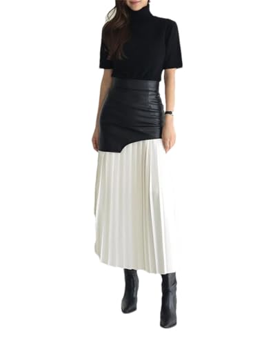 Women's Patchwork Pu Leather Skirt High Waist Midi Folds Color Block Skirts Autumn Fashion Clothing