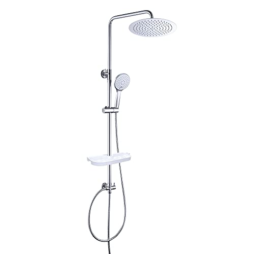 JOHO Colonne de Douche Inox Designe Douchette Douche Salle de Bain Réglable Hauteur Ensemble Douche Murale Solide avec Étagère Douche Set kit de Douche sans Robinet avec Pommeau Douche D20cm.