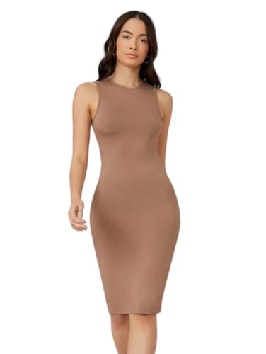 Image of Bodycon Round Neck Rib Knit Knee Lenght Dress Stretchable Fabric | D3