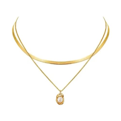 NEKVFO Women's Double Layer Snake Chain Necklace with Pearl Pendant - Elegant Stackable Jewelry Set, Fashionable Boho Chic Accessory for Women
