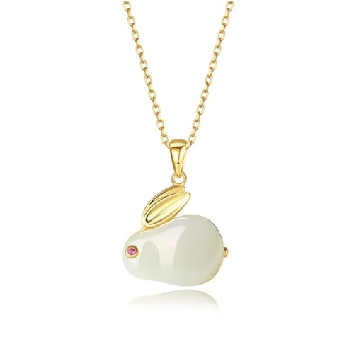 14K Gold Rabbit Necklace for Women, Natural Jade Pendant Necklace, Beautiful Chinese New Year Jewelry Gift