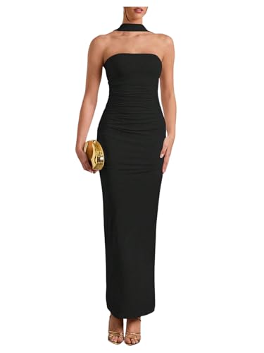 Milumia Women's Halter Neck Ruched Strapless Sleeveless Tube Bodycon Maxi Dresses