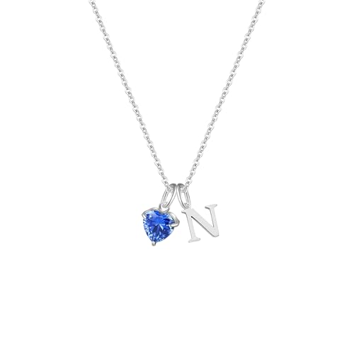 Astellea Collier pour Femme avec Pendentif Initial en Acier Inoxydable-Élégant Cœur en Pierre de Naissance Bleue-Cadeau de Graduation D'anniversaire de Noël pour Filles Femme (N)