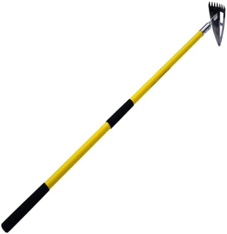 Spear Head Hoe Garden Tool - Long Handle Hoe with 59" Fiberglass Handle, 2 Cushioned Grips, & Stainless Steel Blade with Sharpened Edges & Rake - Multipurpose Garden Hoe for Weeding & More (Yellow)