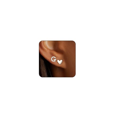 Image of Sterling Silver Heart Studs Earrings Set for Women Girls Ladies Hypoallergenic Initial Letter Name G Love Birthday Christmas Jewellery Gifts for Teenage Girls Mum Daughter Sisters Friends