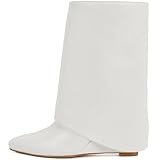 Putu Women's Fold Over Mid Calf Wedge Boots Fashion Shark Boots White 7.5
