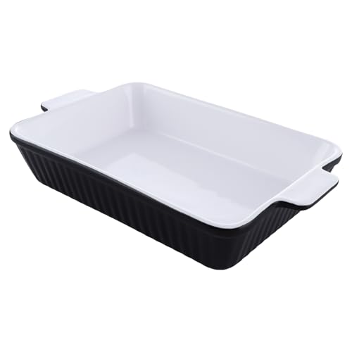 LDXDRU Plato de cerámica negra para lasaña de 2700 ml, cacerola de porcelana de 10 x 7 pulgadas con asas, bandeja rectangular para hornear pasteles de tiramisú, cocina, banquete