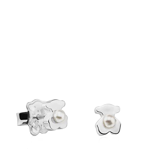 TOUS Pendientes de Plata de Primera Ley para Mujer con Cierre de Presión, con Motivo de Osos 6mm y Perla Cultivada, Originales y Unicos, Colección Super Power