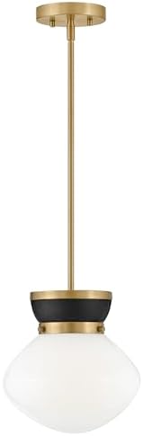 Lark Lucy Small Pendant - Classic Schoolhouse Style, 1-Light, Cased Opal Glass Shade - Black with Lacquered Brass Accents