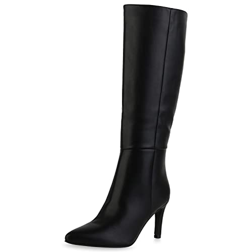 VAN HILL Damen Leicht Gefütterte Klassische Stiefel Spitze Schuhe Stiletto Absatzschuhe Basic Freizeit Boots 210014 Schwarz 38