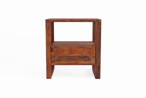 Image of Wooden Bedside Table for Bedroom | Nightstand Side Table with Drawers & Self Storage for Living Room | Sheesham Wood, Natural Honey