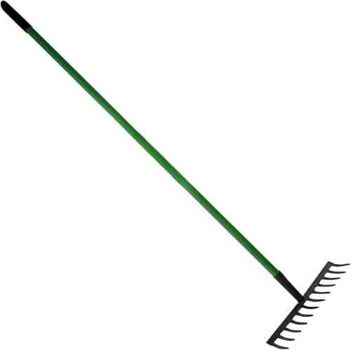 PriceKingX Carbon Steel Garden Rake Heavy Duty Metal Leaf Rake for Lawn Soil Gravel & Garden Beds Strong Wide Head Rake for Levelling Weeding & Debris Collecting Long Handle Yard Tool