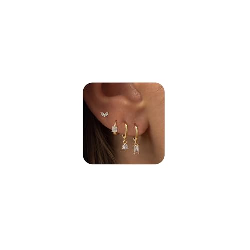 Sargetou Small Gold Drop Earrings for Women,14K Gold Plated CZ Dangle Leaf Earring Set Waterproof Minimalism Dainty Earrings Trendy Jewelry Gift