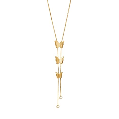 قلادة فراشات متدلية (Y-Necklace) مطلية بالذهب - سلسلة عنق رقيقة بأربع فراشات متتالية - عقد نسائي عصري من الستانلس ستيل ومقاوم للصدأ