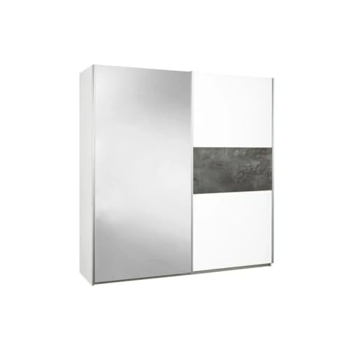 AltoBuy Armoire 2 Portes coulissantes Blanc laqué avec décor Gris oxyde et 1 Porte Miroir - MARIANE