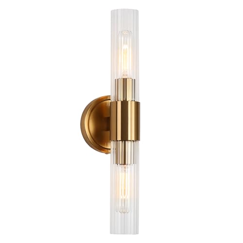 Image of Gold Bathroom Light Fixtures with Clear Glass, Brushed Brass Modern Wall Sconces Over Mirror, Vanity Lights for Bathroom Living Room Bedroom Hallway E26 T10 Bulbs(Exclud)