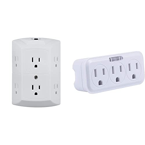 GE 6-Outlet Extender, Grounded Wall Tap, Reset Button, White, 56575,1 Pack & GE 3-Outlet Extender Wall Tap with Guide Light, Grounded Adapter, 3-Prong, Indoor Rated, UL Listed, White, 14494