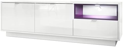 Vladon TV Unit Stand Metro, Carcass in White High Gloss/Front in White High Gloss with an insert in Black High Gloss, incl. LED lighting