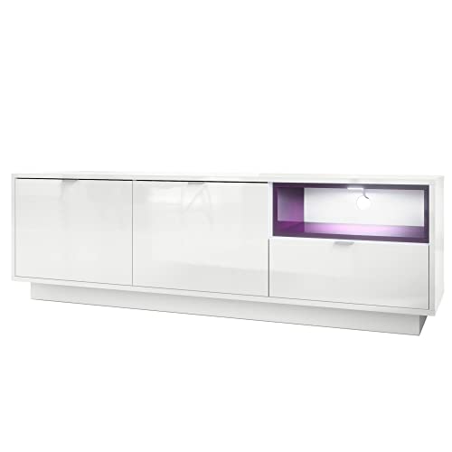 Vladon Mobile TV Metro, Struttura in Bianco Lucido/Frontale in Bianco Lucido con Inserto in Violetto-Porpora, Illuminazione a LED Inclusa.