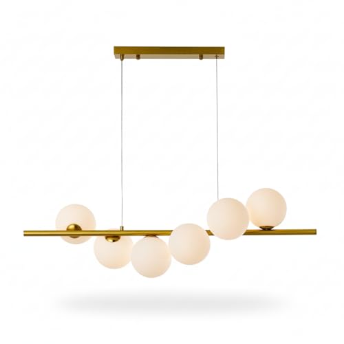 Lampadario Moderno a Sospensione 6 Sfere Vetro Ø13cm | Struttura in Metallo Oro/Grigio/Ambra | Attacco G9 Altezza Regolabile 300–1015 mm | Illuminazione Soggiorno Cucina Sala da Pranzo (Oro)