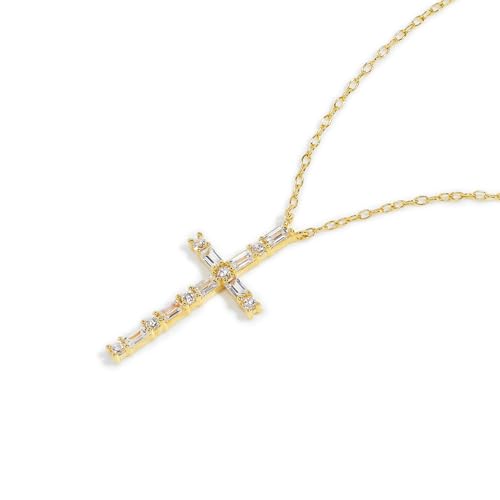 JTV Cross Necklace for Women - 18K Yellow Gold Over Sterling Silver - 0.51CTW White Cubic Zirconia Pendant - Tarnish-Resistant Religious Gift - 18"3