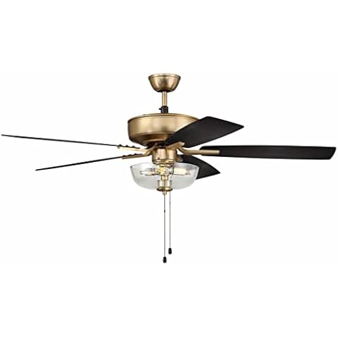 Craftmade P101SB5-52BWNFB Pro Plus 52" Ceiling Fan with LED Lights & Pull Chain, 5 Reversible Black Walnut/Flat Black MDF Blades, Satin Brass Cover