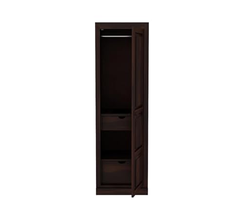 Image of Sheesham Wood Wooden Single Door Wardrobe Organizer for Clothes | - Solid Wood Almirah with 2 Drawers, 2 Shelves with Hanging Space - Cupboard for Large Bedroom, Walnut Finish