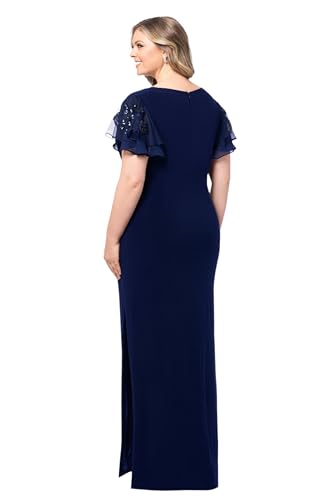 Image of Betsy & Adam Women's Plus Size V Neck Sequin Short Sleeve Jersey Knit Side Slit Dress, Navy, 14W