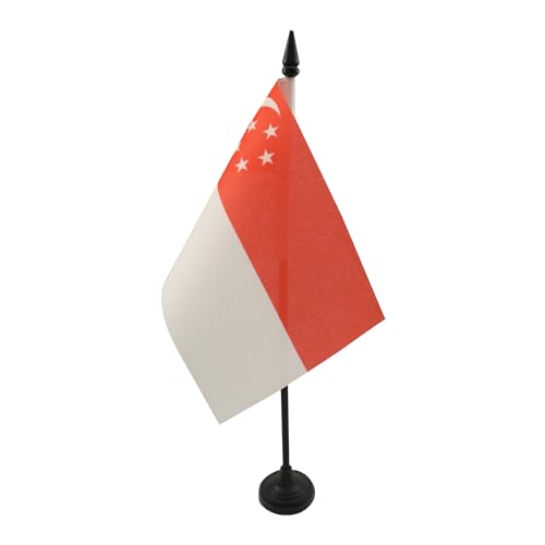 AZ FLAG - Drapeau De Table Singapour - 15x10 cm - Mini Drapeau Singapourien De Bureau 100% Polyester Avec Hampe De 25cm Et Socle En Plastique Noir