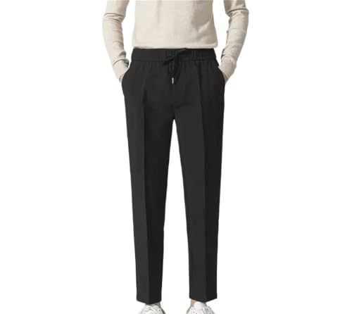 Men Elastic Waist Straight Ankle Length Suit Pants Casual Business Office Trousers with Drawstring