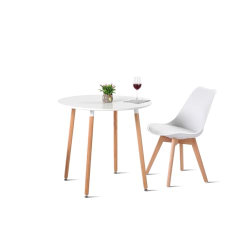 DORAFAIR Juego de mesa de comedor con sillas, juego de mesa redonda de cocina y 1 silla de comedor para salón, cocina, oficina (mesa blanca de 80 cm, 1 silla blanca)
