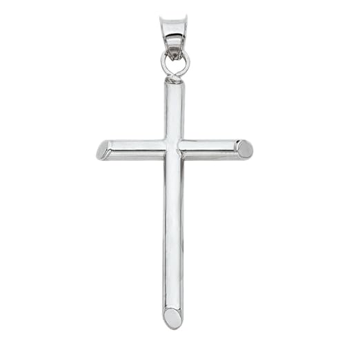 Collar de oro blanco de 14 quilates con cruz religiosa redonda tubular de 20 x 40 mm, joyería para mujer, Oro blanco
