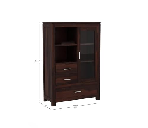 Image of Wood Book Shelf for Home Library | Wooden Book Rack Cabinet with Glass Door and Drawer Storage | Home Office Living Room | Kitchen Crockery Cabinet | Book Shelf, Walnut Finish