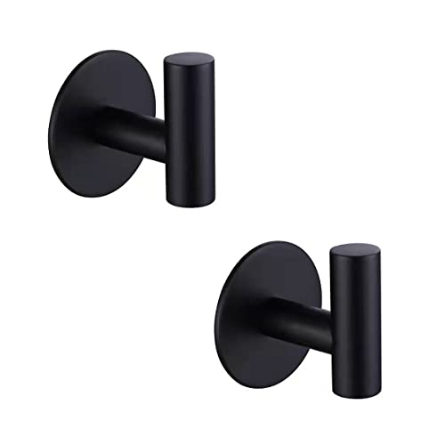 ZWTNBFST Adhesive Hooks 304 Stainless Steel Robe Hook Holder Heavy Coat Hook for Bathroom Kitchen Livingroom Garage Hotel Brushed Finish 2pcs (Matte Black)