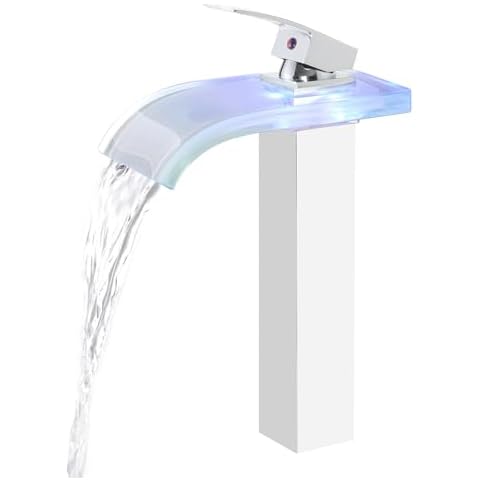 Joitsvia LED Bathroom Sink Faucet with 3 Colors Changing, Waterfall Spout Faucet, Tall Bathroom Vessel Sink Faucet, Brass Faucet One Hole Single Handle Modern Commercial Faucet, Chrome Cover